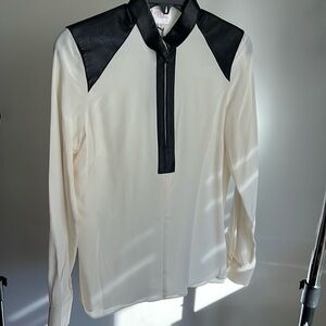 Parker women’s silk blouse off-white with black leather detail nwt